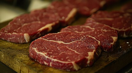 Fototapeta premium Raw steaks on cutting board in kitchen, meal preparation
