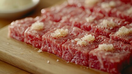 Obraz premium Raw beef cubes with salt on wooden board, sauce in background