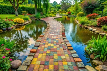 Garden path lined with colorful stones and brick pathways leading to a serene pond, pond, garden paths, pools, altered