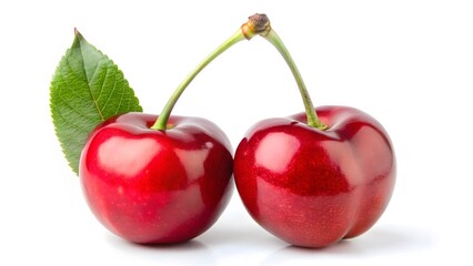 Two Ripe Cherries with Leaf
