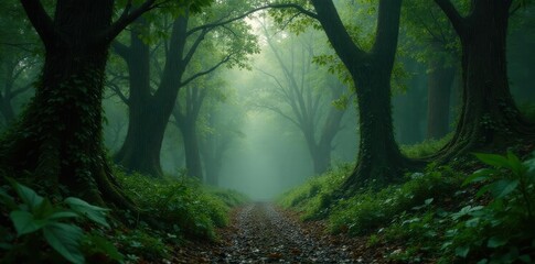 Obraz premium A dense forest covered in wet leaves and vines with a greyish brown sky, rainy weather, somber