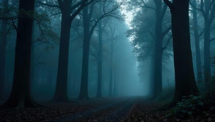 Obraz premium Dark forest with misty atmosphere and trees leaning inwards, darkness, stillness, nature