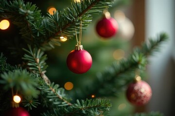 Decorated Christmas tree with garland and mistletoe hanging from branches, mistletoe draped on branch,