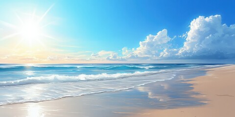Obraz premium Sunny Beach Scene with Waves and Clouds