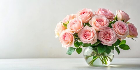 Soft Pink Roses in a vase on a white background with green leaves
