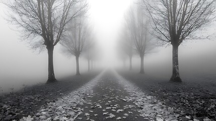 Obraz premium Foggy autumn lane, leaf-strewn path, trees, misty background, nature scene