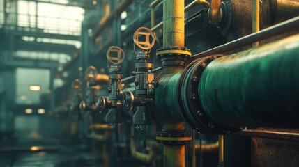 Fototapeta premium Industrial production line with steel pipes and valves