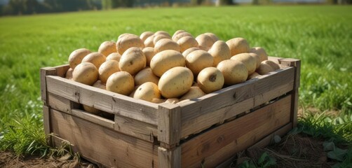 Heap of fresh spuds in a wooden box with green field blur background, blur background, agriculture, wooden box, heap, fresh spuds