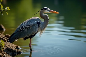 Naklejka premium Heron's grey feathers blend with surroundings, heron, water