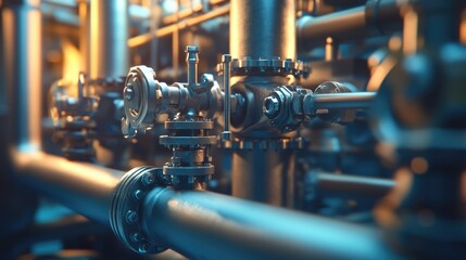 Fototapeta premium Industrial production line with steel pipes and valves