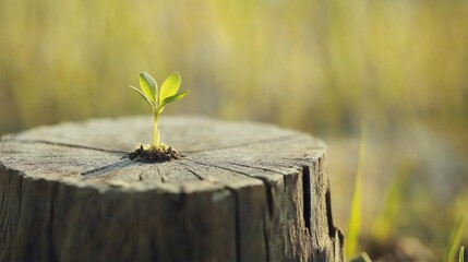 New Growth Sprouting from the Center of a Wooden Stump in Nature