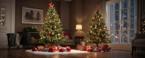 Holiday-themed Christmas tree with ornaments and lights, decorations, presents