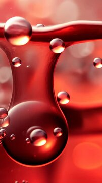 Bubbles float in vibrant red liquid creating an abstract visual in a close-up perspective during dreamlike light conditions