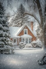 Naklejka premium Soft snowflakes drift from the sky, blanketing a picturesque brick house nestled among towering trees, all adorned in a serene winter scene