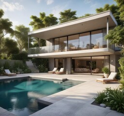 Fototapeta premium House with a pool and a spacious patio featuring a stunning garden view, outdoor space, peaceful ambiance