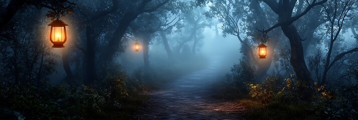 Fototapeta premium A spooky forest path illuminated by flickering lanterns and surrounded by fog