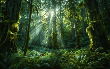 Majestic trees in a dense forest of the Pacific Northwest