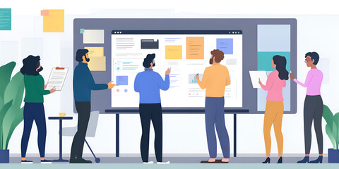 Team Brainstorming on a Digital Whiteboard in Modern Office Setting