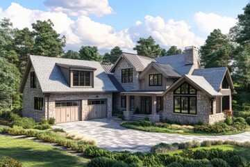 This stunning farmhouse-style home features a beautiful stone exterior and expansive windows, perfectly situated in a verdant landscape under the bright sunshine