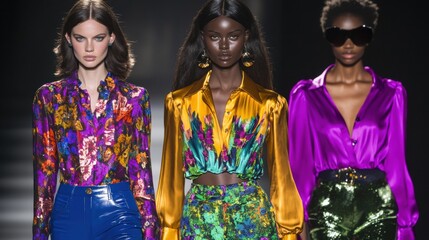 Fototapeta premium A fashion show featuring three models in vibrant, colorful outfits.