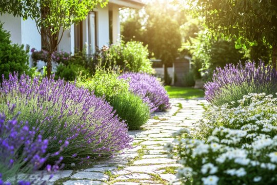 A picturesque garden pathway adorned with vibrant lavender and cheerful daisies, all illuminated by soft sunlight in a tranquil residential neighborhood