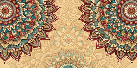 Intricate mandala design with bold colors and intricate patterns on a cream-colored background, meditative, pattern, bold, colorful