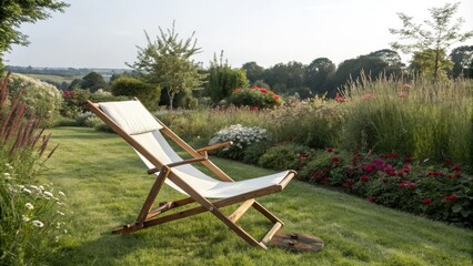 Fototapeta premium Isolated wooden deck chair placed in the middle of a pristine white lawn surrounded by lush greenery and vibrant flowers, deck chair, , lawn furniture, gardening accessories