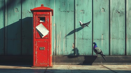 A peaceful urban moment with a figure lost in a letter near a striking red post box, observed by a pigeon, 3D rendering, ultra-realistic lighting and textures