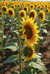 Obraz premium Large bright yellow sunflowers in a field on a warm sunny day, fields of gold, summer flowers