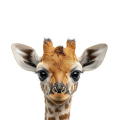 Fototapeta premium Close-up of a young giraffe's head with ears and horns visible, isolated on transparent and white background