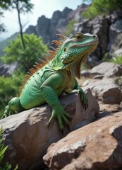 Large green iguana sprawls on rocky outcropping , lizard, tropical climate, green iguana