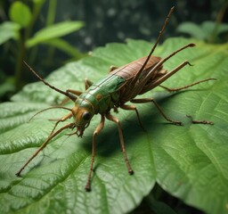 Large insect on a green leaf with long horns, grasshopper, insect, katydid