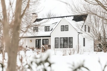 Naklejka premium A stunning modern white house blanketed in snow sits gracefully amidst towering trees on a serene winter day, highlighting its architectural beauty against a tranquil landscape