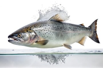 Naklejka premium Large salmon swimming in a shallow tank with water dripping from its scales and leaving slimy residue on the white background, fish in water, fish drool, aquatic scene