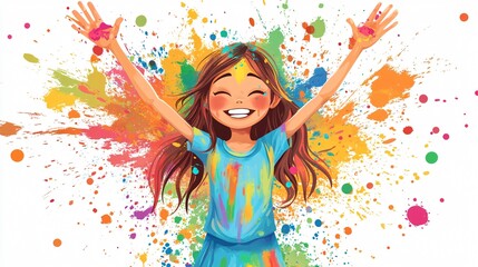 Cheerful Cartoon Girl Celebrating Holi Festival with Colorful Powder