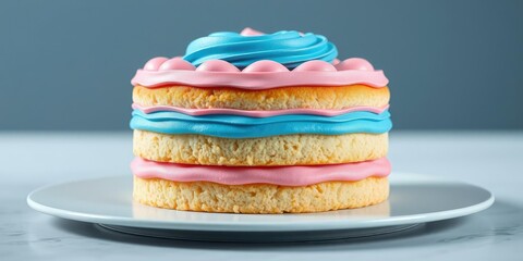 Layered sponge cake with blue and pink frosting, layered cake, pastel colors, dessert