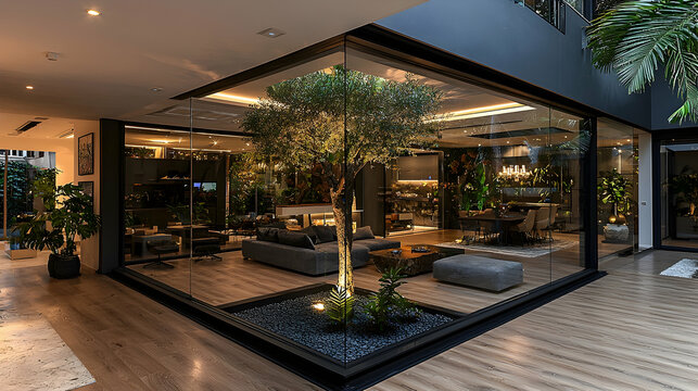 Modern home interior atrium with olive tree