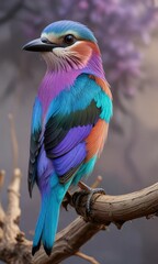 Lilac breasted roller with striking colors perched on a branch, blue sky, majestic, sunshine, regal