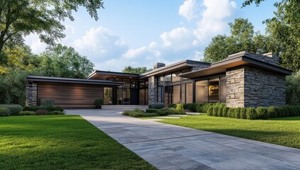Fototapeta premium Modern Ranch House Architectural Design: Luxurious Home Exterior
