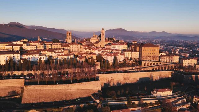 Aerial view of the Citta Alta or the Upper Town of Bergamo at sunset in early winter, Italy