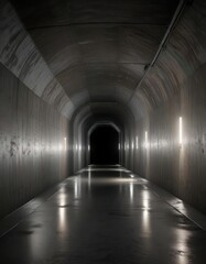 Fototapeta premium Long narrow tunnel with soft luminescent glow at the end, glowing exit, dark passage, neon-like effect