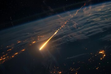 Dramatic shot of a meteor glowing as it enters Earth's atmosphere,