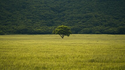 Isolated Tree in Lush Green Field Surrounded by Dense Forest