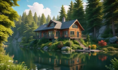 Obraz premium Lush greenery surrounds the charming lake house, shrubs, nature