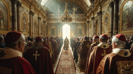Naklejka premium Dramatic cathedral interior bathed in divine light streaming through arched windows, with religious order members in ceremonial regalia gathered for solemn mass.