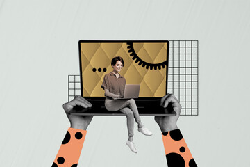 Composite photo collage of hands hold big netbook freelancer girl type laptop device gearwheel...
