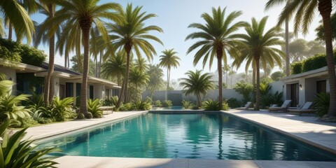 Lush landscape surrounding a sparkling pool with tall palm trees creating a sense of seclusion and tranquility, outdoor space, palm tree, pool