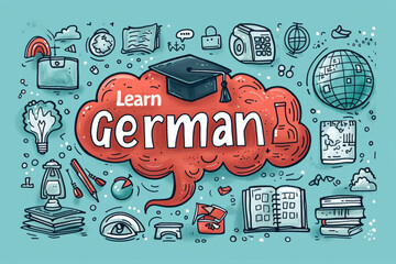 a blue background with various school supplies, with a red cloud with the inscription "Learn German" and a graduation cap, creating an atmosphere of learning the German language