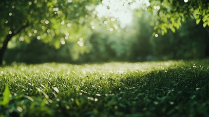 Naklejka premium Lush Green Grass Under Soft Sunlight in Serene Natural Setting