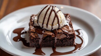 A slice of rich and fudgy brownie topped with a scoop of vanilla ice cream and a drizzle of chocolate sauce, placed on a plain white plate, Slice centered with a slightly angled view
